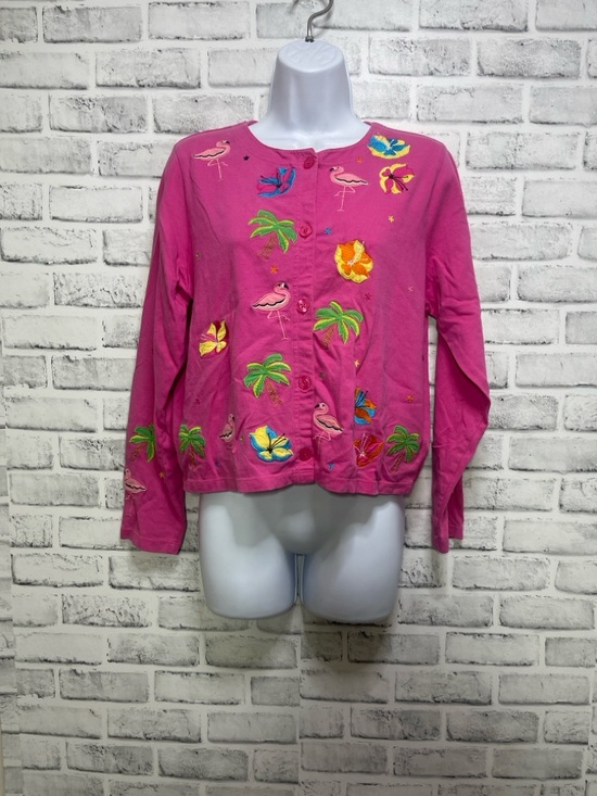 Michael Simon Sweaters - Vintage Michael Simon Lite Pink Tropical Flamingo Embroidered Cardigan Small